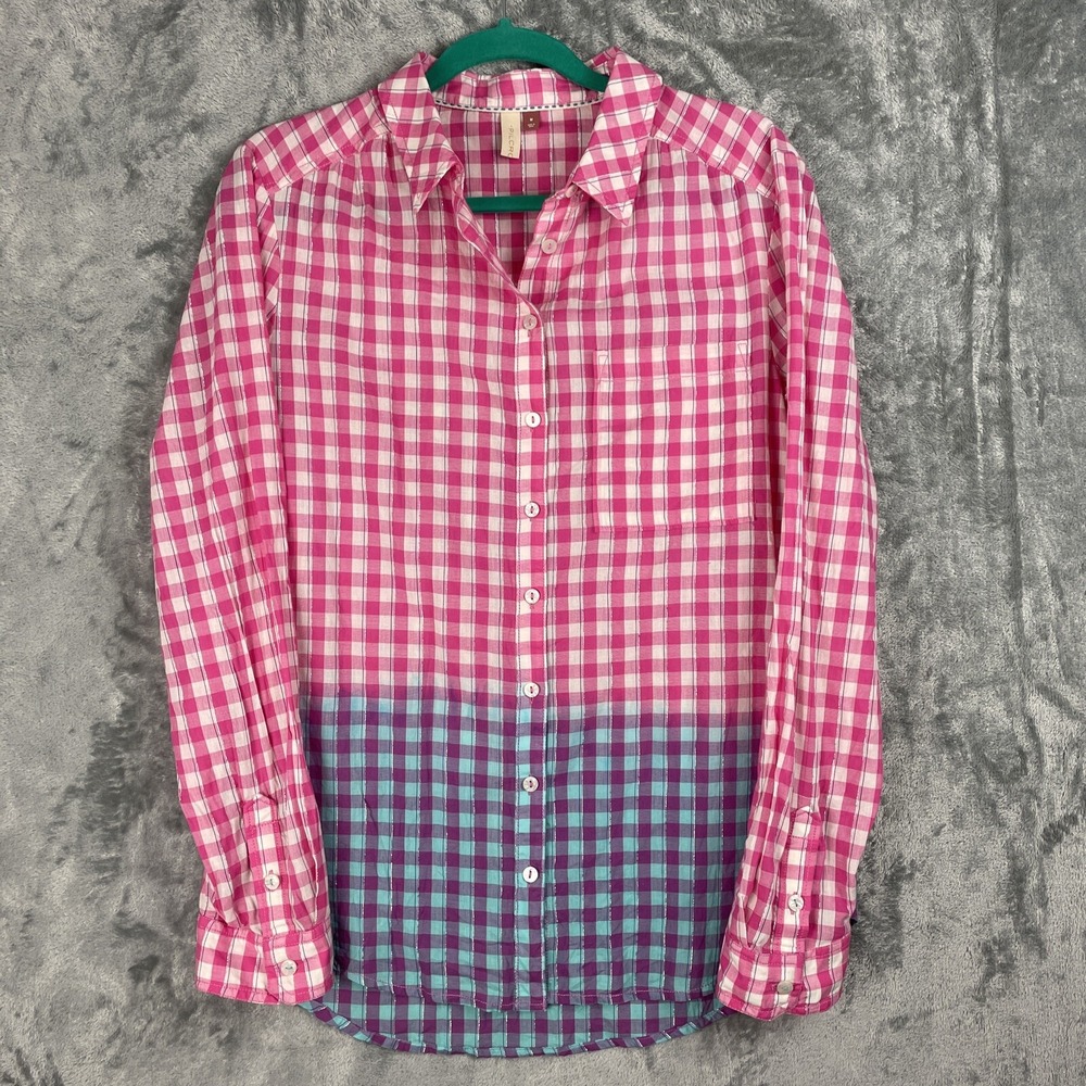 Anthropologie Pilcro Tunic Top Womens Medium Pink‎ Blue Plaid Button Up Shirt